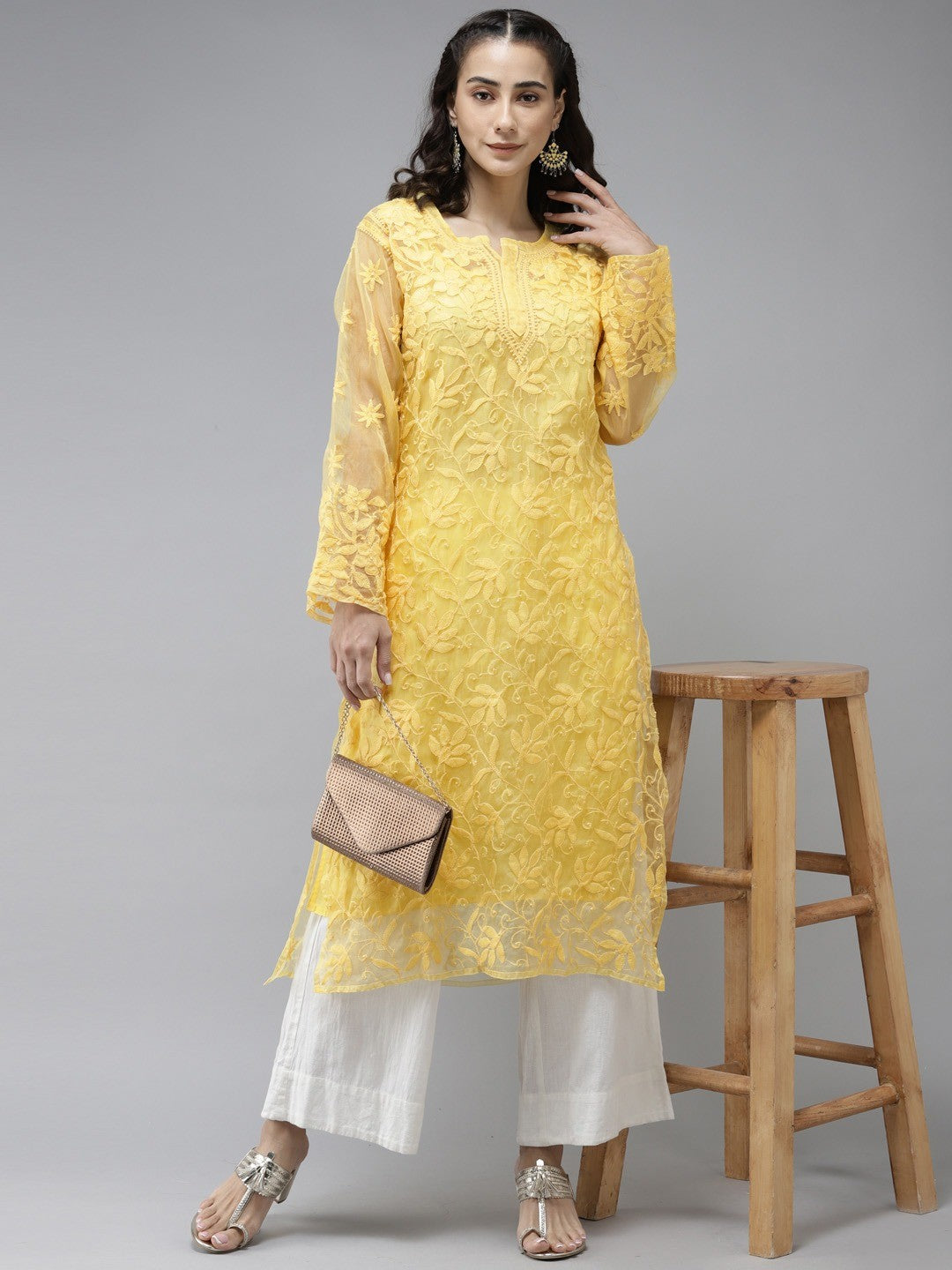 Ada Hand Embroidered Yellow Organza Lucknowi Chikankari Straight Kurta With Slip A411239