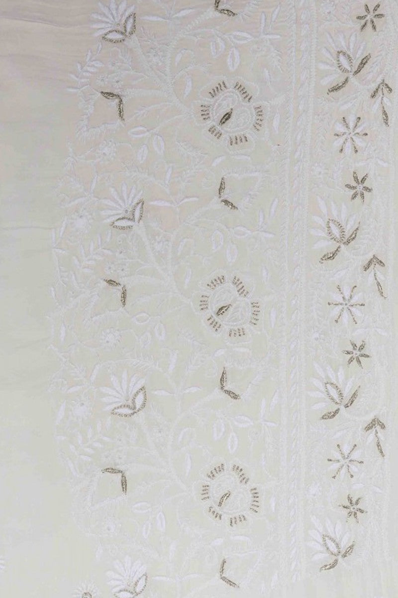 Ada Hand Embroidered Ivory White Pure Georgette Lucknow Chikan Saree with Blouse A573519