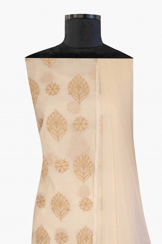 Ada Hand Embroidered Cream Cotton Lucknowi Chikan Unstitched Suit Piece A211139