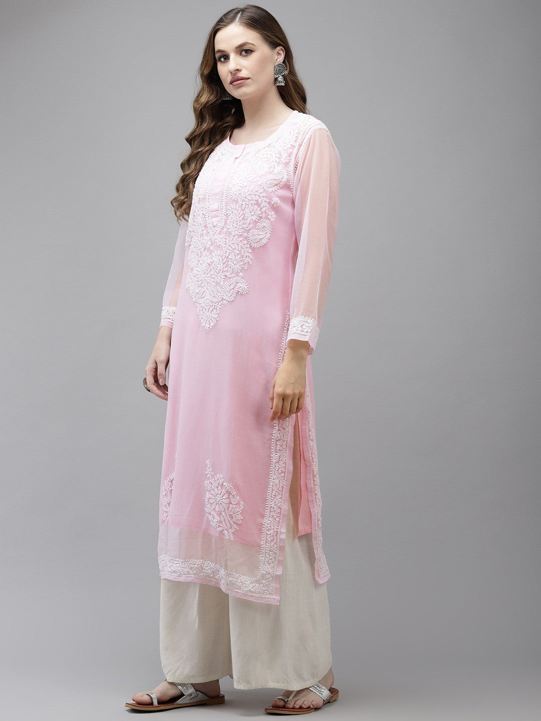 Ada Hand Embroidered Baby Pink Georgette Lucknow Chikan Kurta with Slip A411364