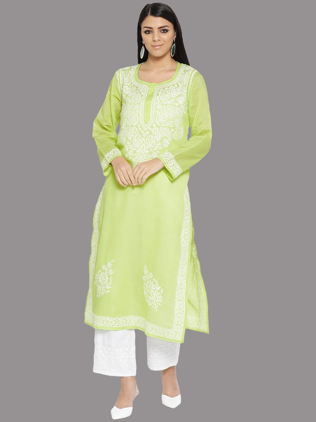Ada Hand Embroidered Green Cotton Lucknowi Chikankari Kurta Set A100129