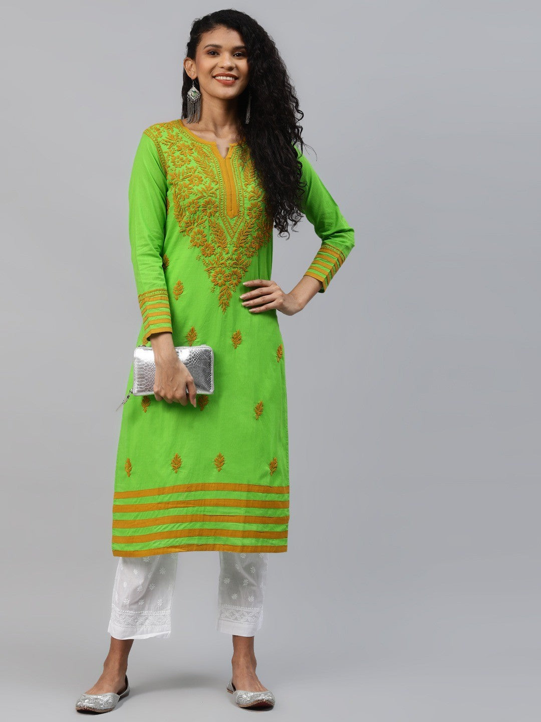 Ada Hand Embroidered Green Cotton Lucknowi Chikankari Straight Kurta A135617