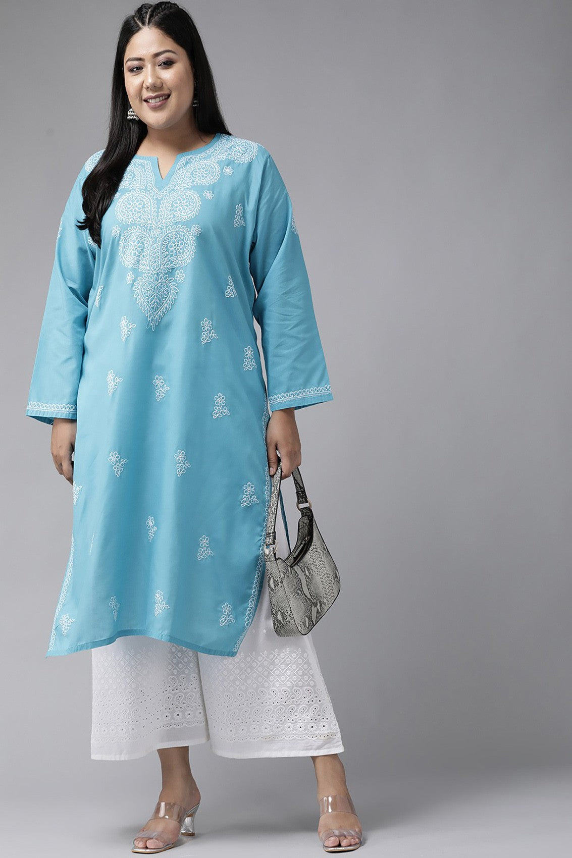 Ada Hand Embroidered Blue Cotton Lucknowi Chikankari Straight Kurta A197497