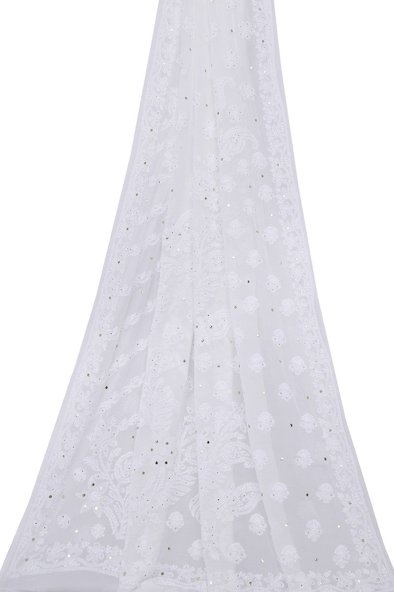 Ada Hand Embroidered White Georgette Lucknowi Chikankari Saree/Blouse With Muqaish Work- A619746