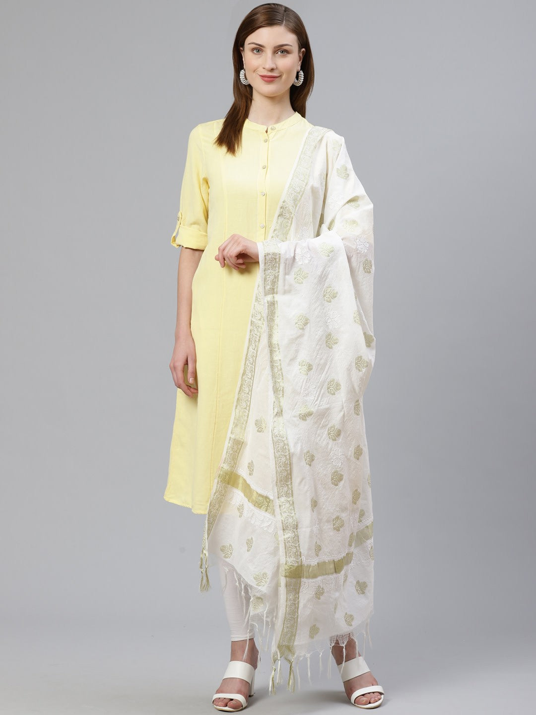 Ada Hand Embroidered White Chanderi Lucknow Chikan Dupatta- A100442