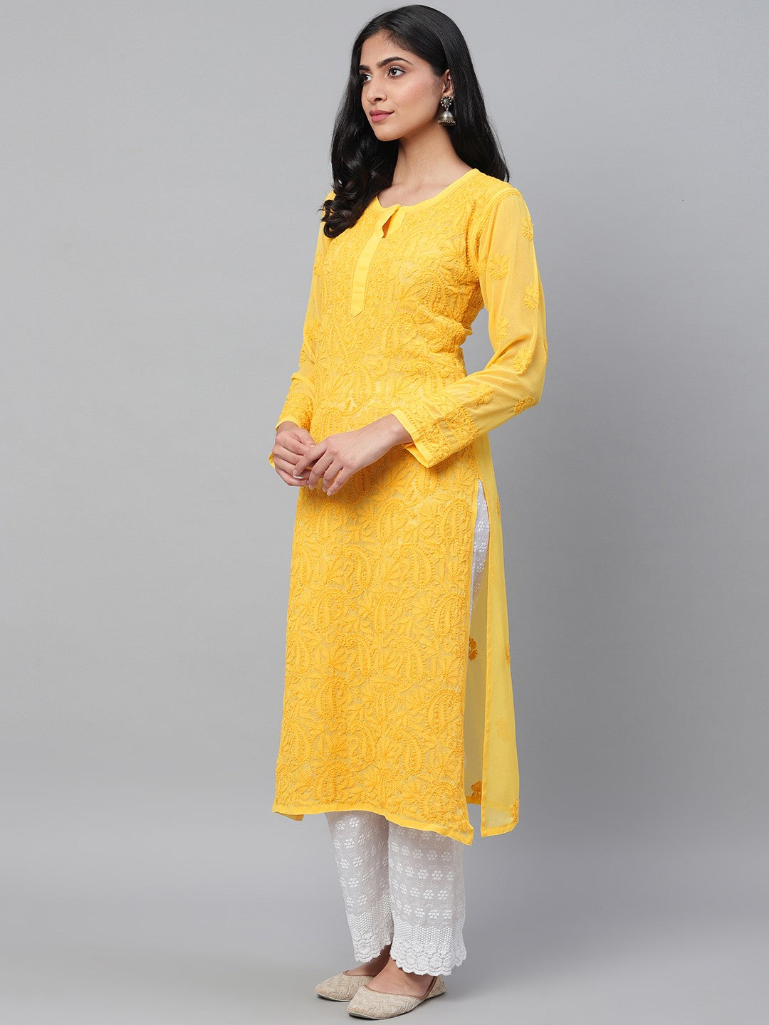Ada Hand Embroidered Yellow Georgette Lucknowi Chikankari Straight Kurta A100590