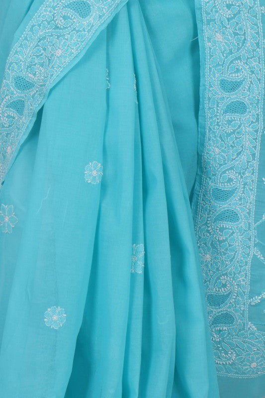 Ada Hand Embroidered Blue Cotton Lucknowi Chikankari Saree With Blouse A543779