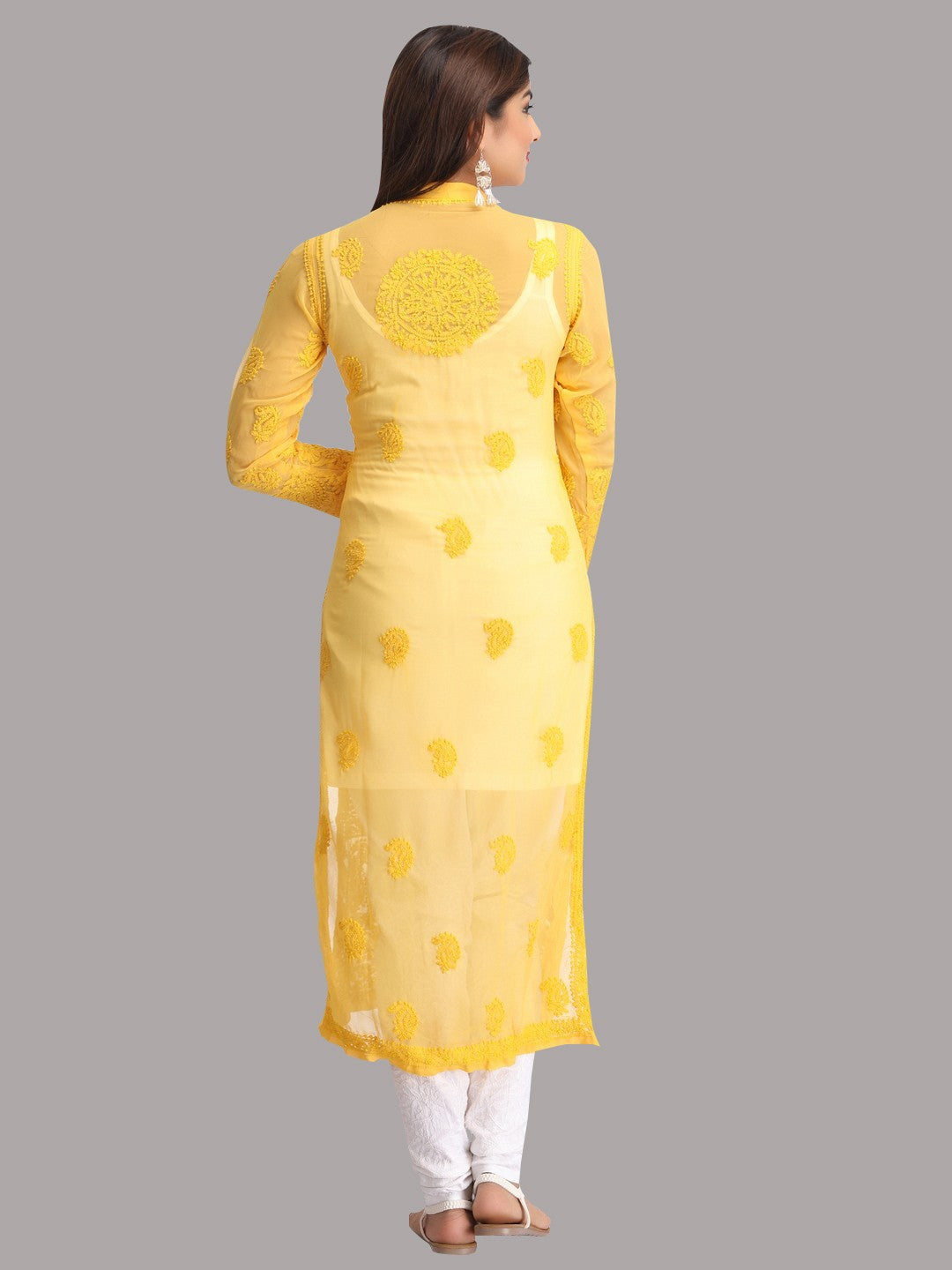 Ada Hand Embroidered Yellow Georgette Lucknowi Chikani Straight Kurta A183650