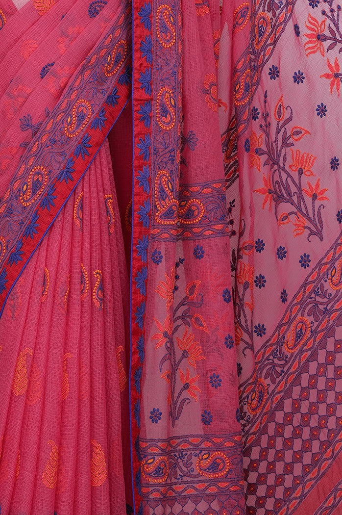 Ada Hand Embroidered Magenta Kota Silk Lucknowi Chikankari Saree With Blouse- A70579