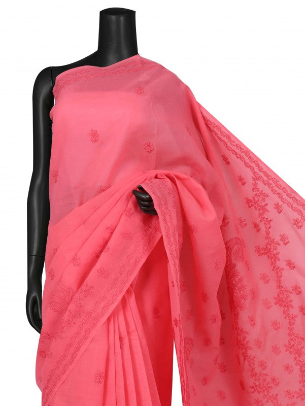Ada Hand Embroidered Carrot Pink Cotton Lucknowi Chikankari Saree With Blouse A578187