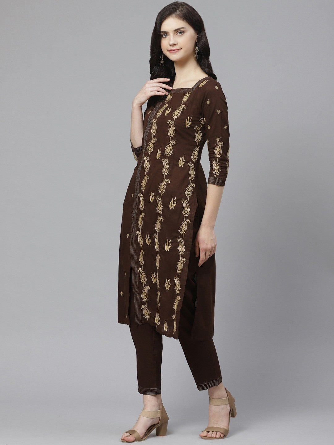 Ada Hand Embroidered Brown Cotton Lucknowi Chikankari Kurta/Trouser Set with Muqaish Work A100328