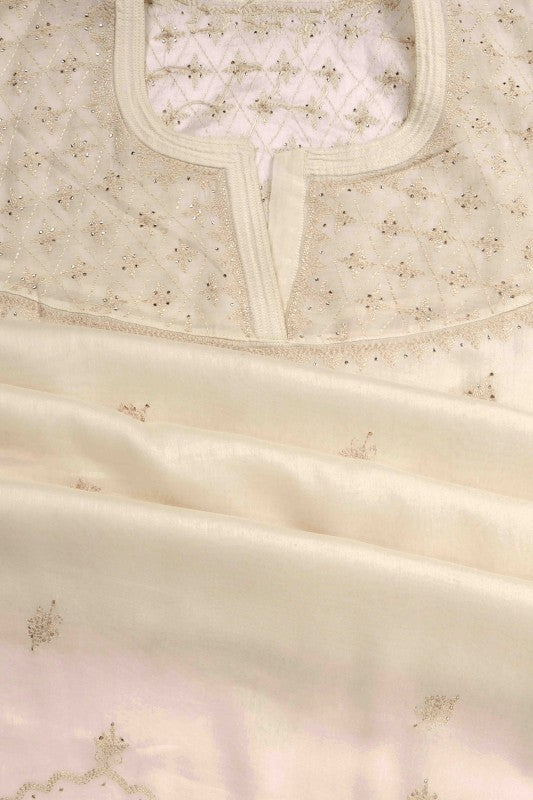 Ada Hand Embroidered Cream Chanderi Lucknowi Chikan Unstitched Kurta Dupatta Set A595357