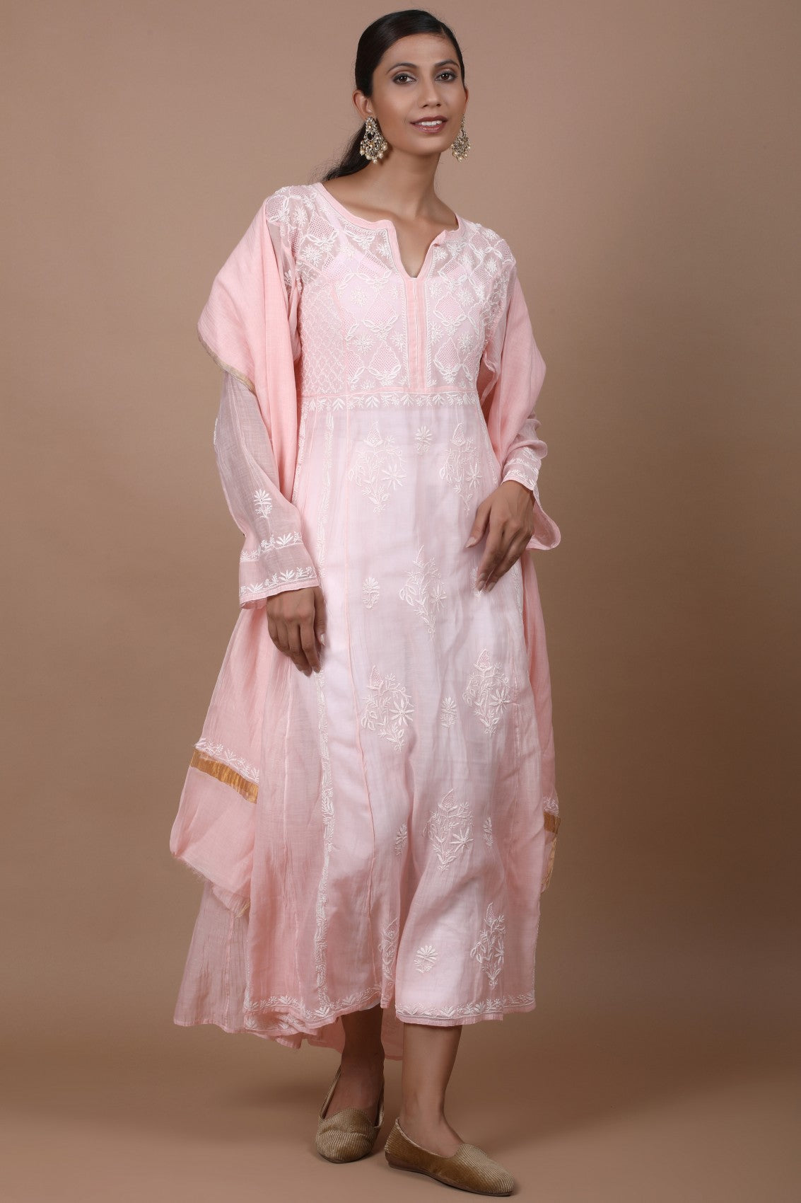 Ada Hand Embroidered Apricot Peach Chanderi Lucknowi Chikankari Semi-Stitched Anarkali Kurta Dupatta Set 01A247815