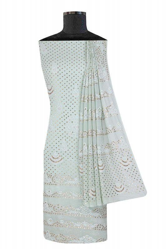 Ada Hand Embroidered Pista Green Pure Georgette Lucknowi Chikan Unstitched Kurta Dupatta Set With Muqaish Work- A414393