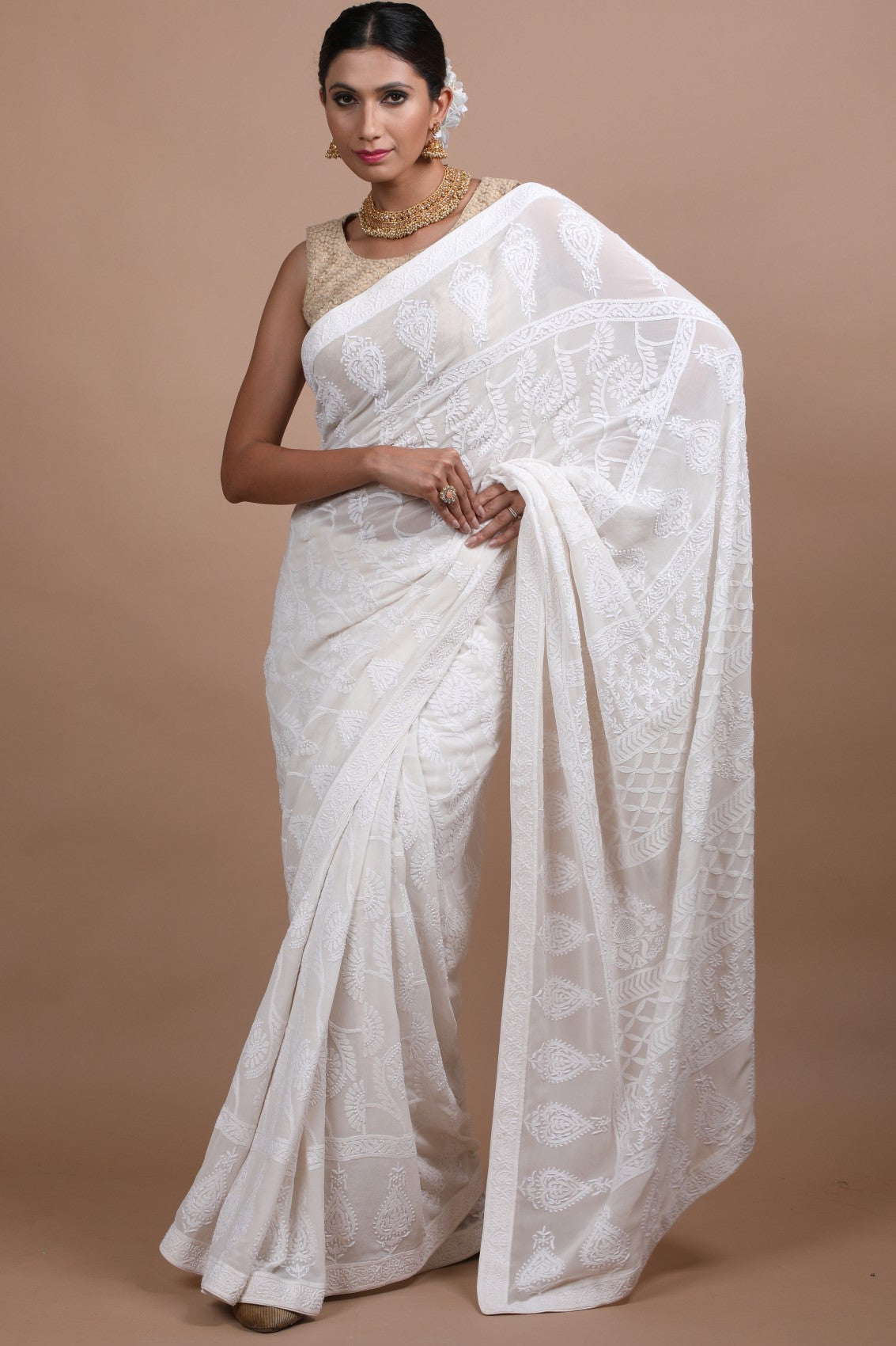 Ada Hand Embroidered Off White Pure Georgette Lucknowi Chikankari Saree With Blouse A536375