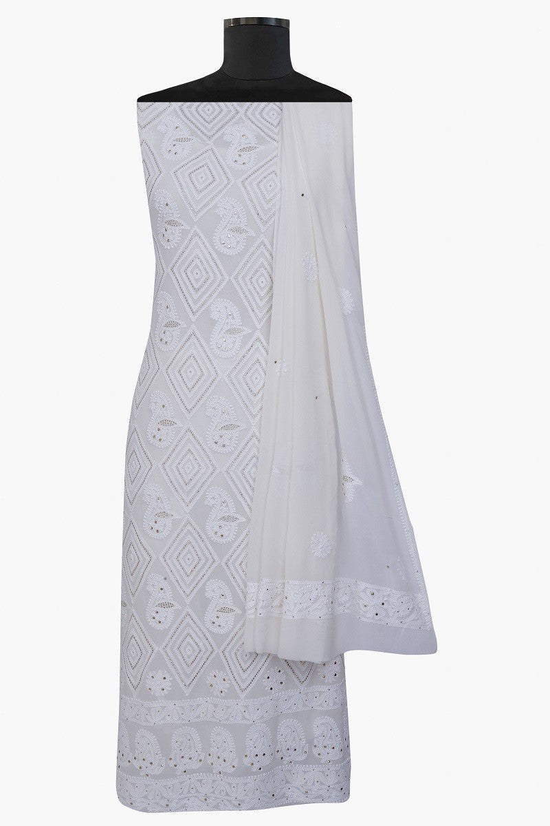Ada Hand Embroidered White Pure Georgette Chikan Unstitched Kurta Dupatta Set- A589417