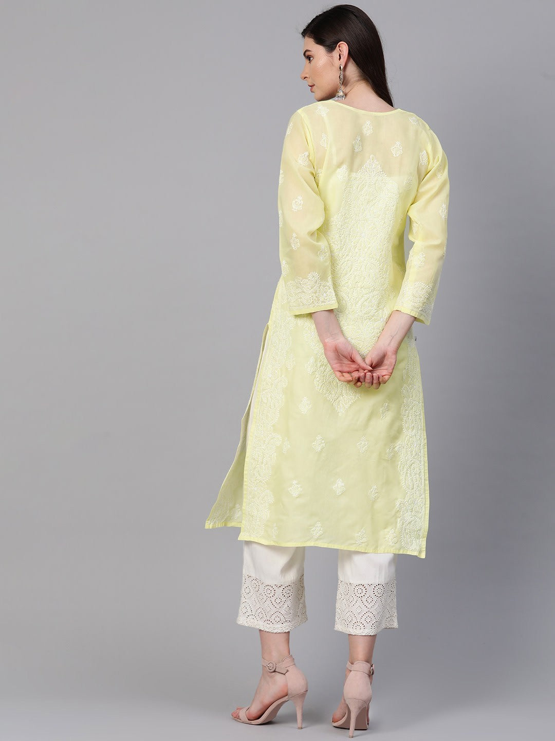 Ada Hand Embroidered Lemon Cotton Lucknowi Chikankari Straight Kurta A100355