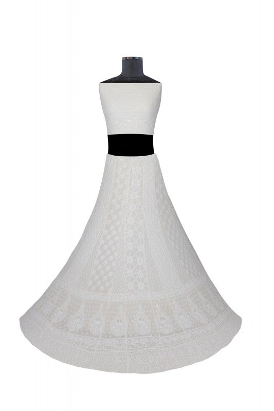 Ada Hand Embroidered White Pure Georgette Lucknowi Chikankari Lehenga Set A623411