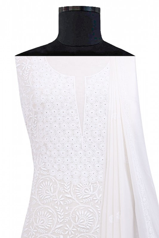 Ada Hand Embroidered White Pure Georgette Lucknowi Chikan Unstitched Kurta Dupatta Set- A257105