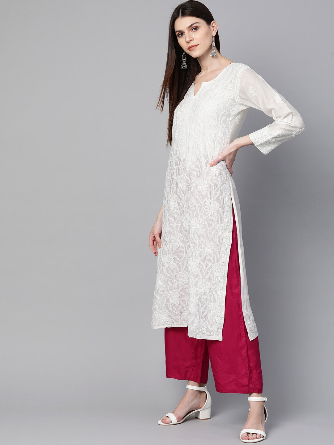 Ada Hand Embroidered White Chanderi Lucknow Chikankari Kurta -A100422