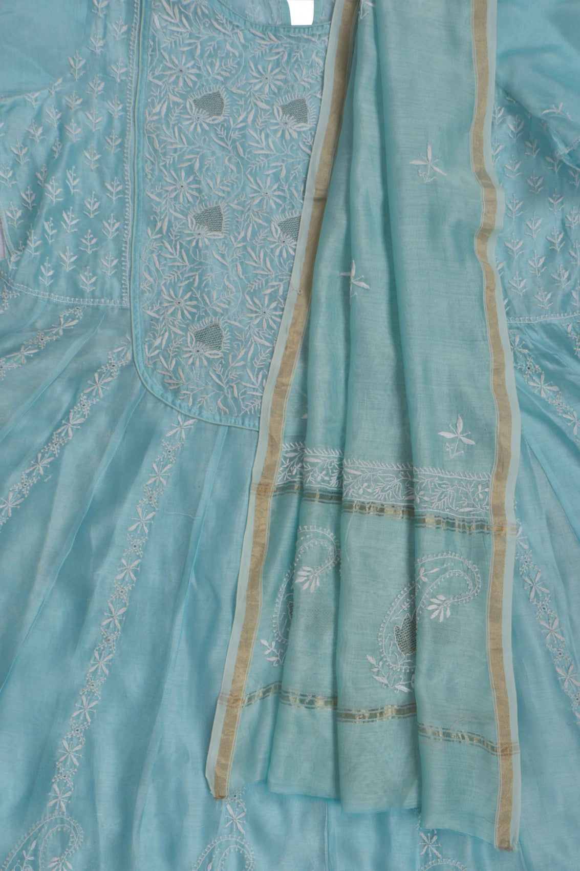 Ada Hand Embroidered Sky Blue Chanderi Lucknowi Chikankari Semi-Stitched Anarkali Kurta Dupatta Set With Zari Work 01A205817