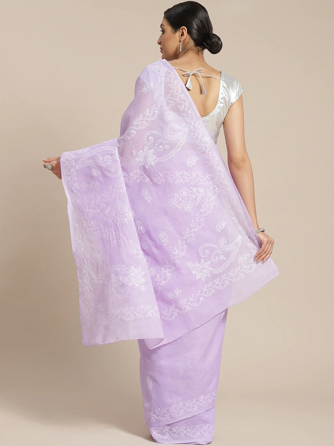 Ada Hand Embroidered Mauve Cotton Lucknow Chikan Saree With Blouse- A311188