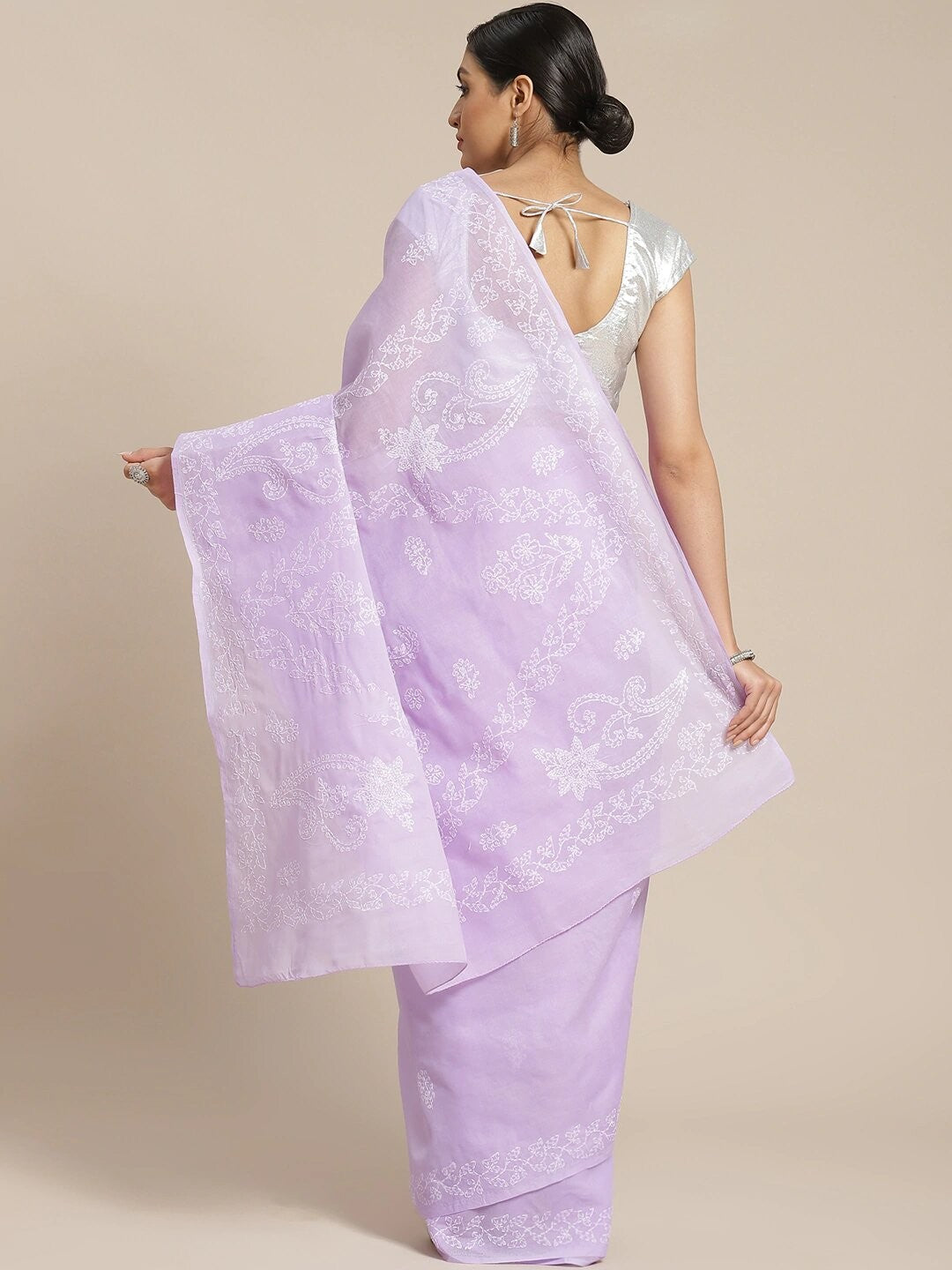 Ada Hand Embroidered Mauve Cotton Lucknow Chikan Saree With Blouse- A311188