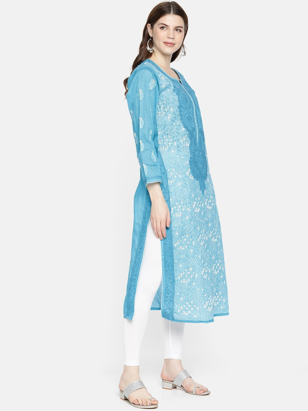 Ada Hand Embroidered Blue Cotton Lucknowi Chikankari Straight Kurta A241895