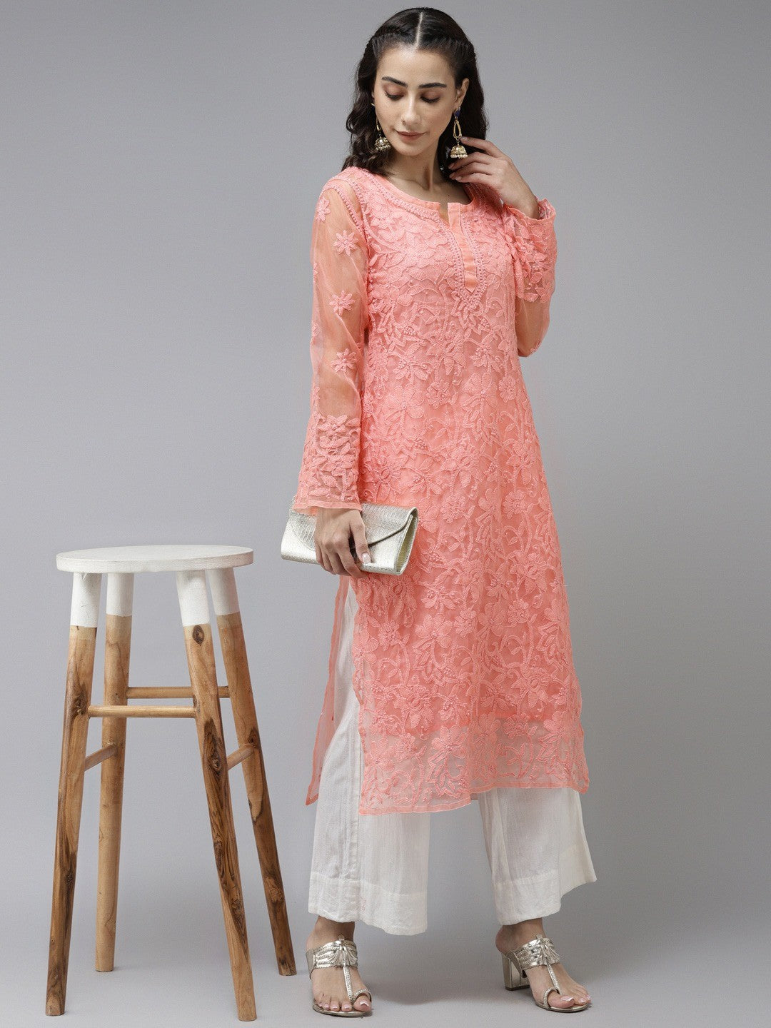 Ada Hand Embroidered Peach Organza Lucknowi Chikankari Straight Kurta With Slip- A411238