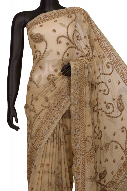 Ada Hand Embroidered Fawn Pure Georgette Lucknowi Chikankari Saree with Blouse A39733