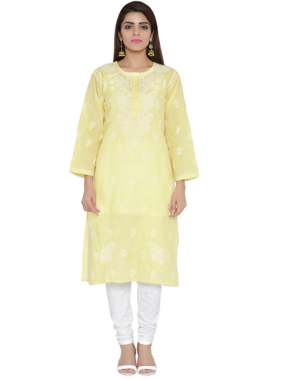 Ada Hand Embroidered Lemon Cotton Lucknowi Chikankari Straight  Kurta – A208461