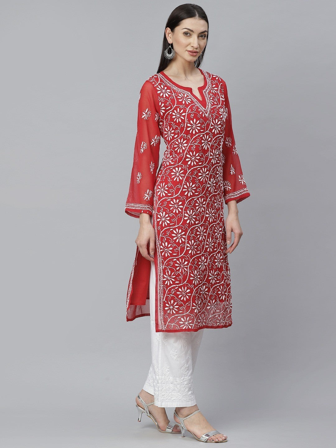 Ada Hand Embroidered Red Georgette Lucknowi Chikankari Straight Kurta/Palazzo Set With Slip A811143