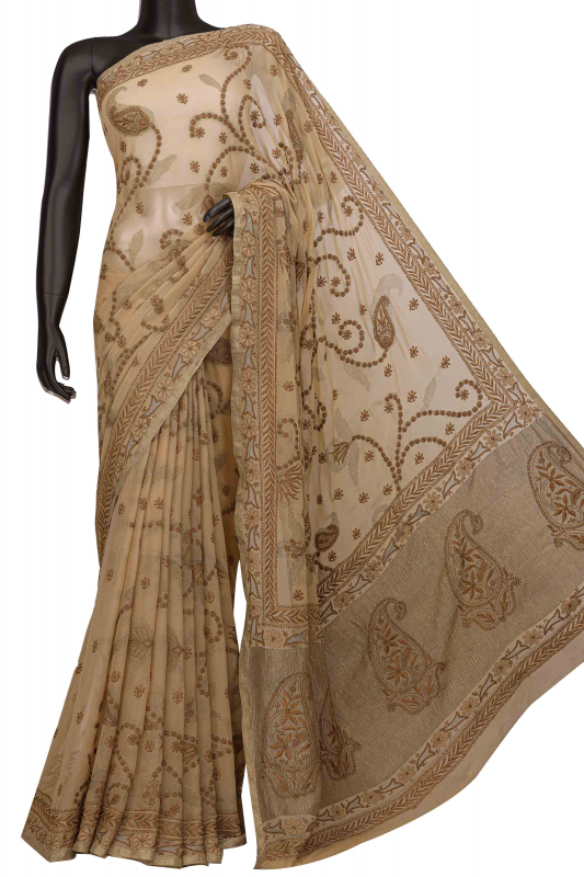 Ada Hand Embroidered Fawn Pure Georgette Lucknowi Chikankari Saree with Blouse A39733