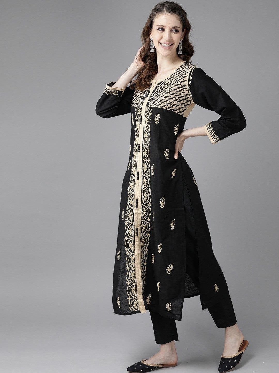 Ada Hand Embroidered Black Cotton Lucknowi Chikankari Straight Kurta A430326