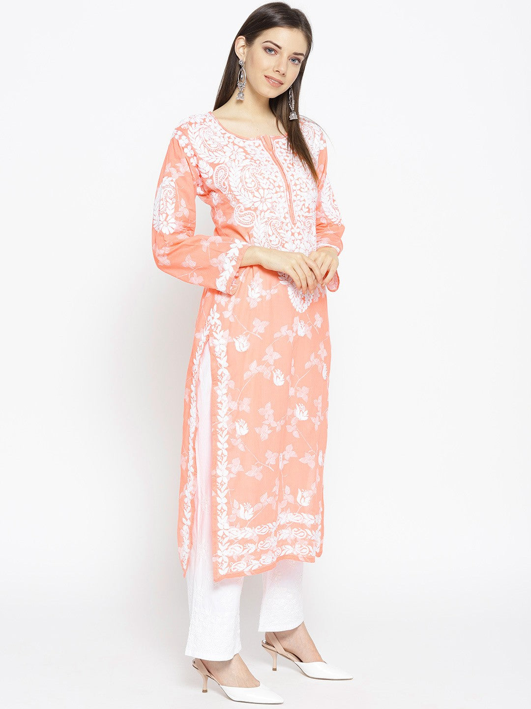 Ada Hand Embroidered Peach Cotton Lucknowi Chikankari Straight Kurta A100110