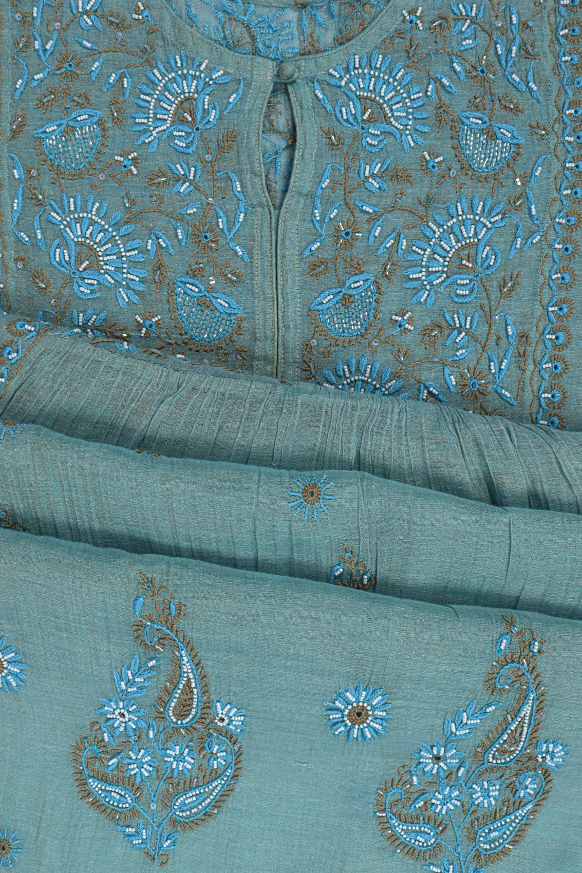 Ada Hand Embroidered Iceberg Blue Chanderi Lucknowi Chikankari Semi-Stitched Anarkali Kurta Dupatta Set With Pearl Work 01A197020