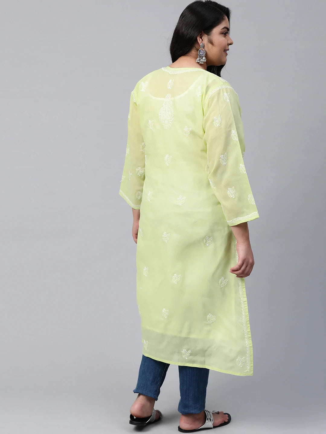 Ada Hand Embroidered Green Cotton Lucknow Chikankari Straight Kurta A133643