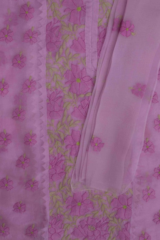 Ada Hand Embroidered Mauve Organza Lucknowi Chikan Unstitched Kurta Dupatta Set A587994