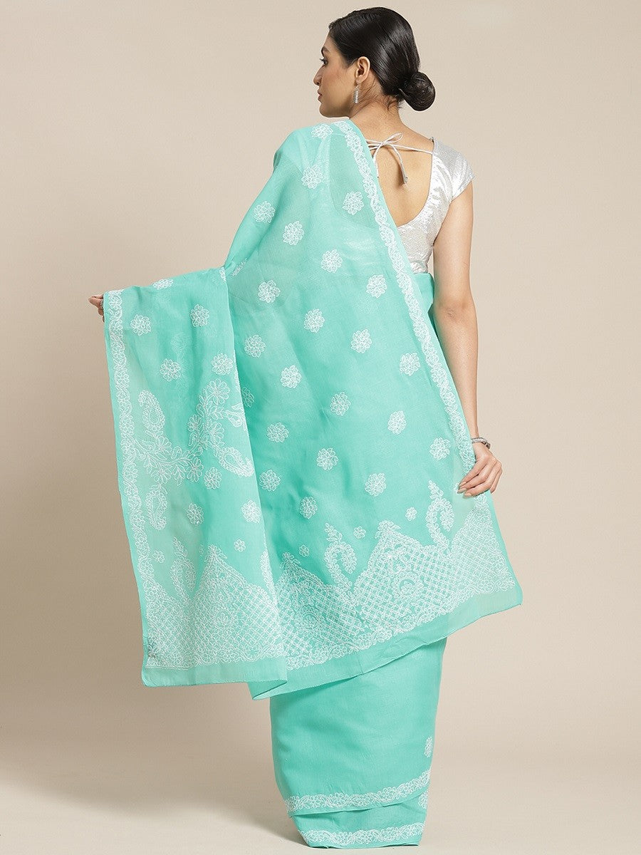 Ada Hand Embroidered Sea Green Cotton Lucknow Chikan Saree With Blouse- A311160