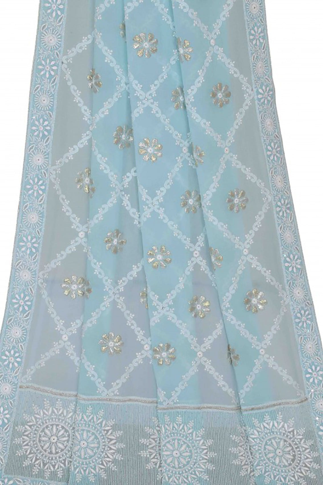 Ada Hand Embroidered Blue Chiffon Lucknowi Chikankari Dupatta With Gota Patti Work A600709