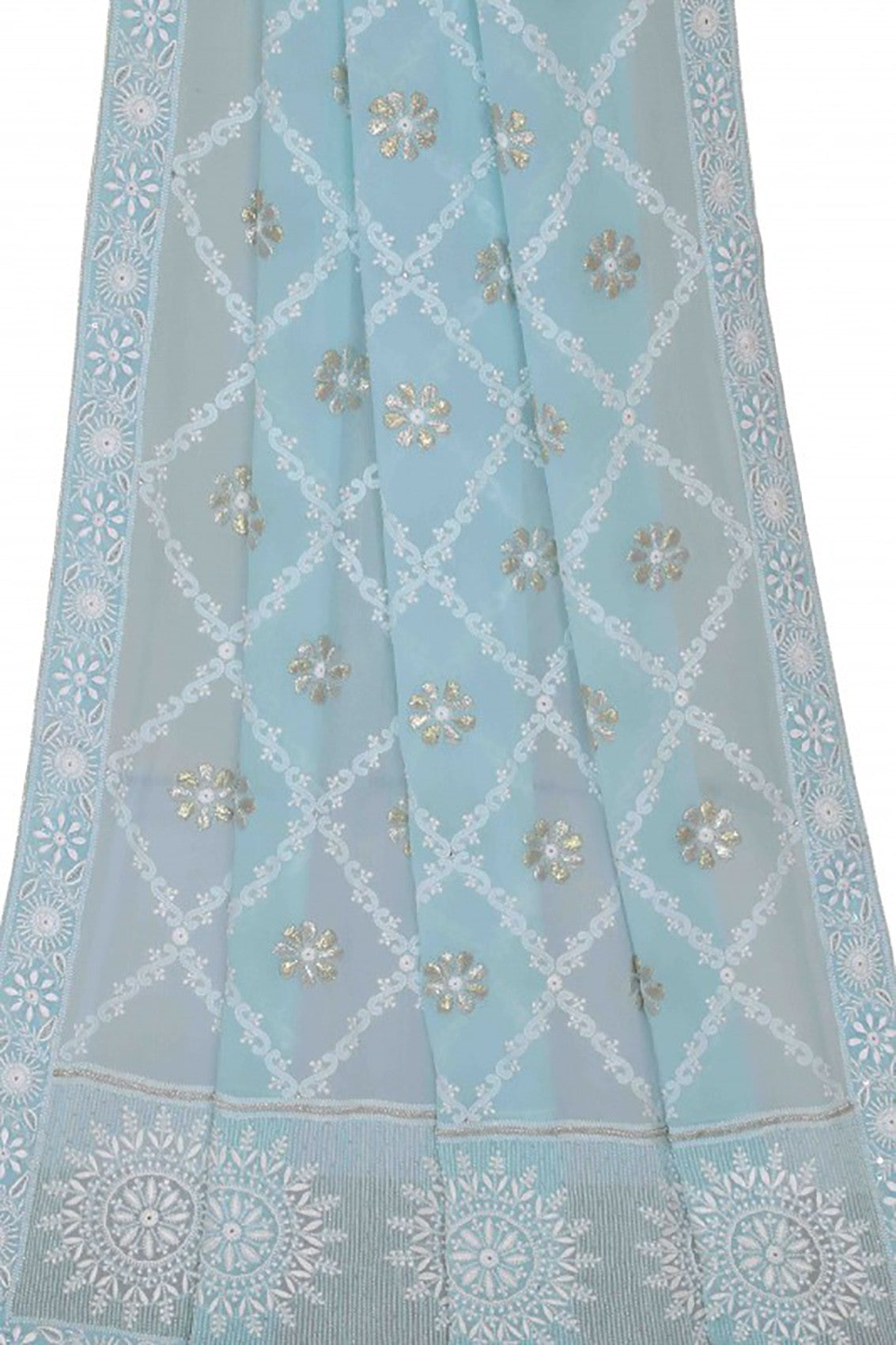 Ada Hand Embroidered Blue Chiffon Lucknowi Chikankari Dupatta With Gota Patti Work A600709