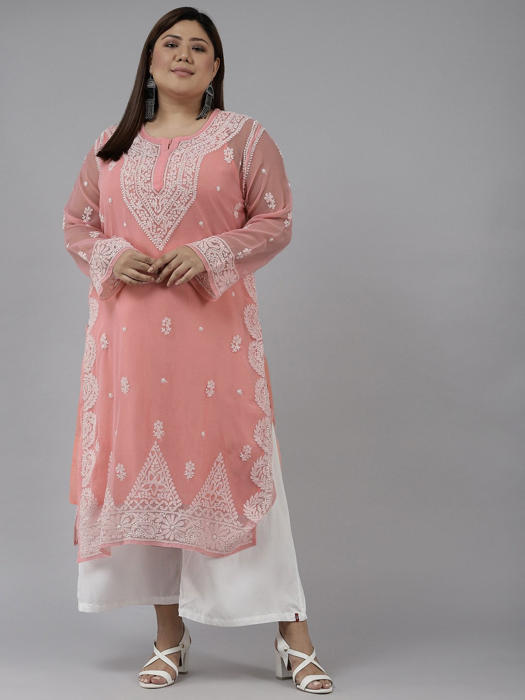 Ada Hand Embroidered Peach Georgette Lucknowi Chikankari Straight Kurta With Slip A411194