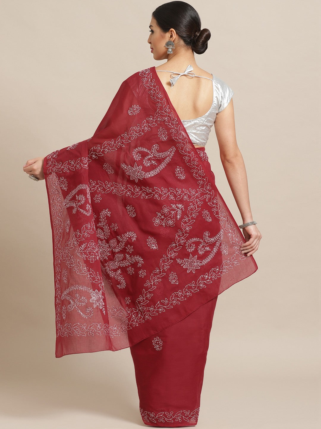 Ada Hand Embroidered Maroon Cotton Lucknow Chikankari Saree with Blouse A252562