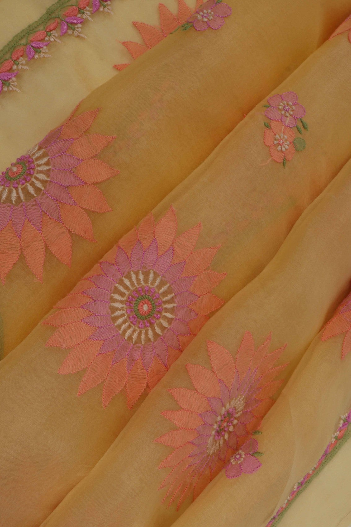 Ada Hand Embroidered Yellow Organza Lucknowi Chikankari Saree With Blouse 01A206137