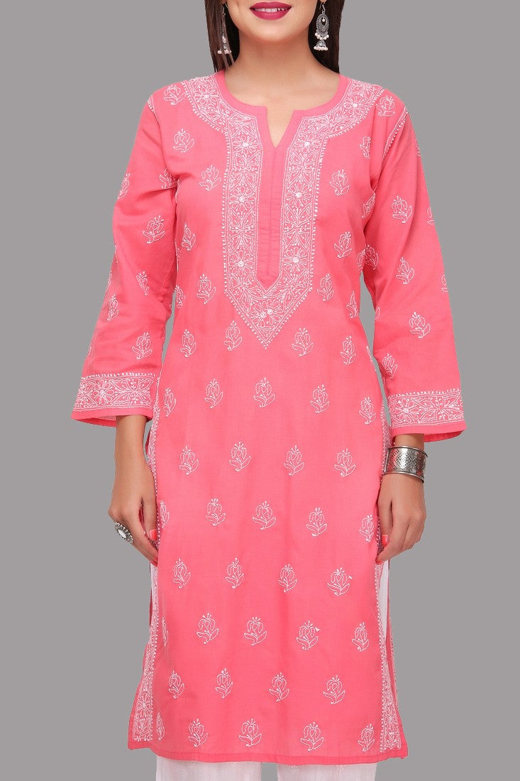 Ada Hand Embroidered Carrot Pink Cotton Lucknow Chikan Kurti A220764