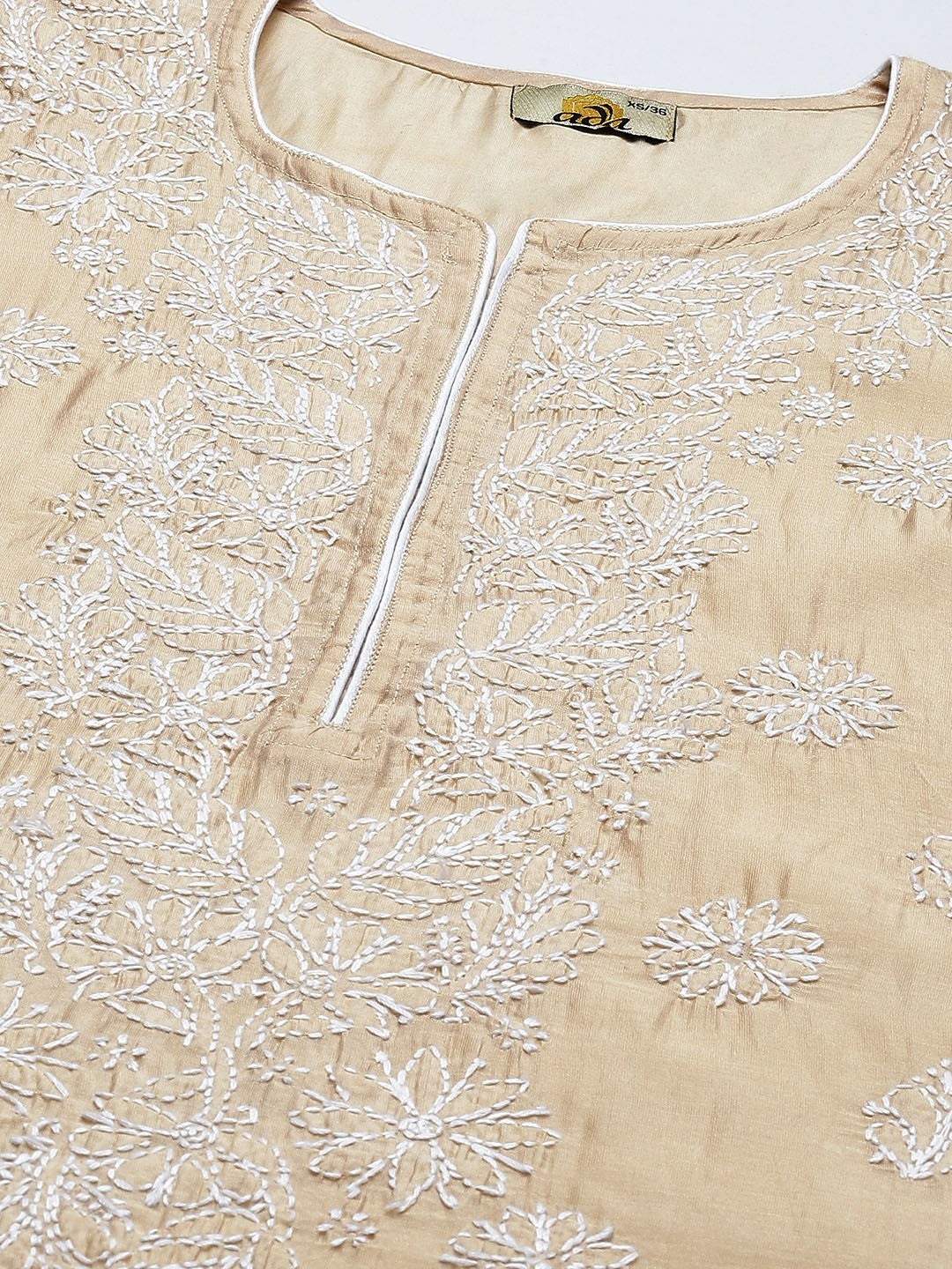 Ada Hand Embroidered Fawn Chanderi Lucknowi Chikan Kurta A411340