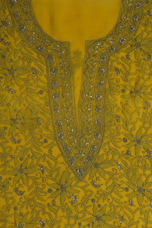 Ada Hand Embroidered Mustard Chiffon Lucknowi Chikan Unstitched Kurta Dupatta Set With Muqaish Work  A489066