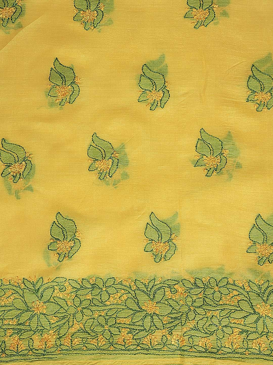 Ada Hand Embroidered Lemon Silk Lucknowi Chikan Unstitched Suit Piece–A608350
