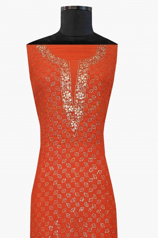 Ada Hand Embroidered Rust Georgette Lucknowi Chikankari Unstitched Kurta Piece With Muqaish Work A621751