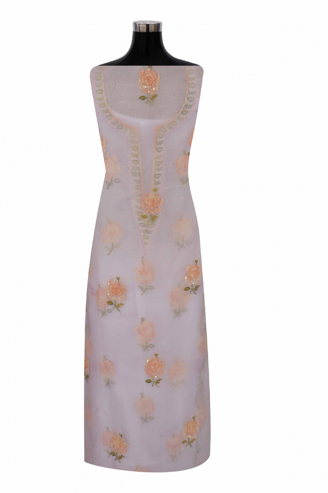 Ada Hand Embroidered Light Mauve Organza Lucknowi Chikankari Unstitched Kurta Dupatta Set With Pearl Work 01A140637